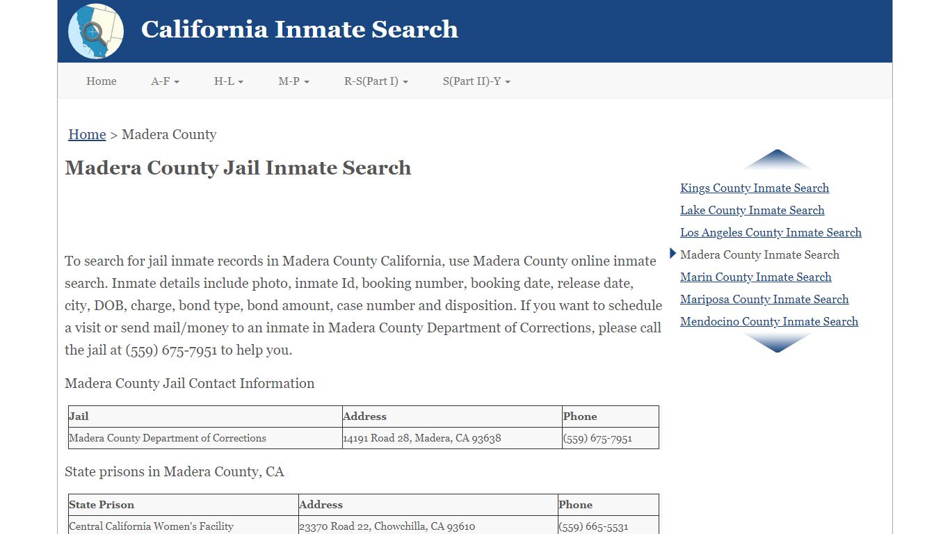 Madera County Jail Inmate Search - California Inmate Search